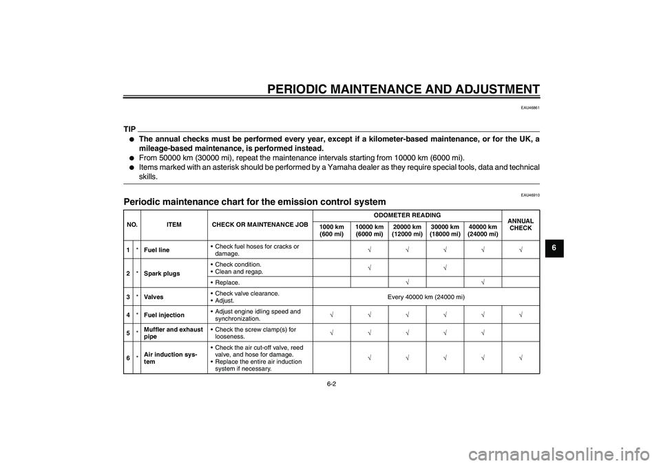 YAMAHA FZ1-N 2010  Owners Manual PERIODIC MAINTENANCE AND ADJUSTMENT
6-2
6
EAU46861
TIP
The annual checks must be performed every year, except if a kilometer-based maintenance, or for the UK, a
mileage-based maintenance, is performe