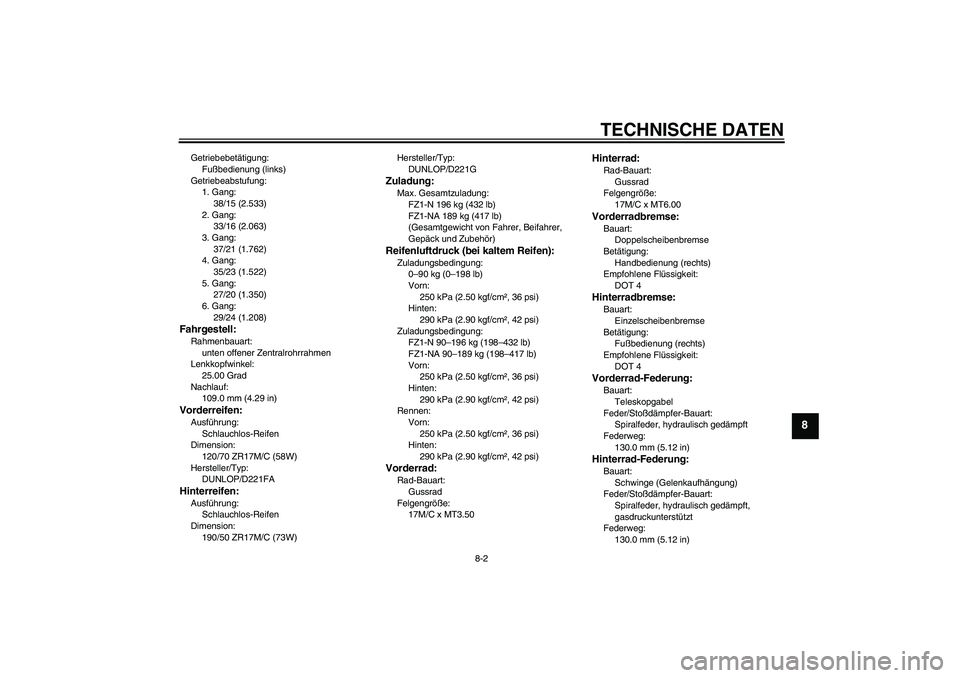 YAMAHA FZ1-N 2010 Betriebsanleitungen (in German) TECHNISCHE DATEN
8-2
8
Getriebebetätigung:
Fußbedienung (links)
Getriebeabstufung:
1. Gang:
38/15 (2.533)
2. Gang:
33/16 (2.063)
3. Gang:
37/21 (1.762)
4. Gang:
35/23 (1.522)
5. Gang:
27/20 (1.350)
YAMAHA FZ1-N 2010 Betriebsanleitungen (in German) TECHNISCHE DATEN
8-2
8
Getriebebetätigung:
Fußbedienung (links)
Getriebeabstufung:
1. Gang:
38/15 (2.533)
2. Gang:
33/16 (2.063)
3. Gang:
37/21 (1.762)
4. Gang:
35/23 (1.522)
5. Gang:
27/20 (1.350)
