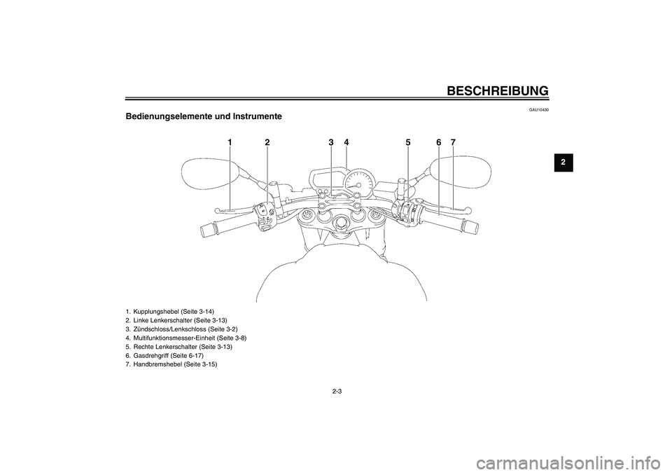 YAMAHA FZ1-N 2010  Betriebsanleitungen (in German) BESCHREIBUNG
2-3
2
GAU10430
Bedienungselemente und Instrumente
1
2
3
4
5
6
7
1. Kupplungshebel (Seite 3-14)
2. Linke Lenkerschalter (Seite 3-13)
3. Zündschloss/Lenkschloss (Seite 3-2)
4. Multifunktio