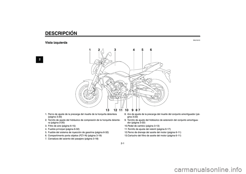 YAMAHA FZ1-N 2010  Manuale de Empleo (in Spanish) DESCRIPCIÓN
2-1
2
SAU10410
Vista izquierda1. Perno de ajuste de la precarga del muelle de la horquilla delantera 
(página 3-20)
2. Tornillo de ajuste del hidráulico de compresión de la horquilla d