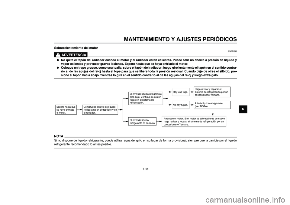 YAMAHA FZ1-N 2010  Manuale de Empleo (in Spanish) MANTENIMIENTO Y AJUSTES PERIÓDICOS
6-44
6
Sobrecalentamiento del motor
ADVERTENCIA
SWAT1040

No quite el tapón del radiador cuando el motor y el radiador estén calientes. Puede salir un chorro a p