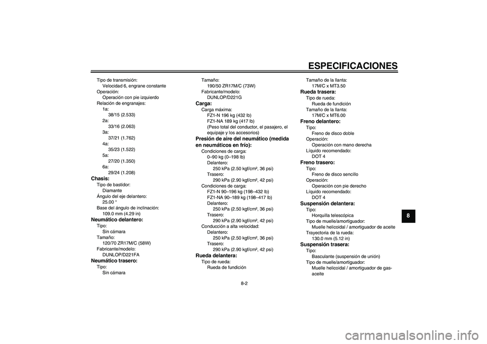YAMAHA FZ1-N 2010  Manuale de Empleo (in Spanish) ESPECIFICACIONES
8-2
8
Tipo de transmisión:
Velocidad 6, engrane constante
Operación:
Operación con pie izquierdo
Relación de engranajes:
1a:
38/15 (2.533)
2a:
33/16 (2.063)
3a:
37/21 (1.762)
4a:
