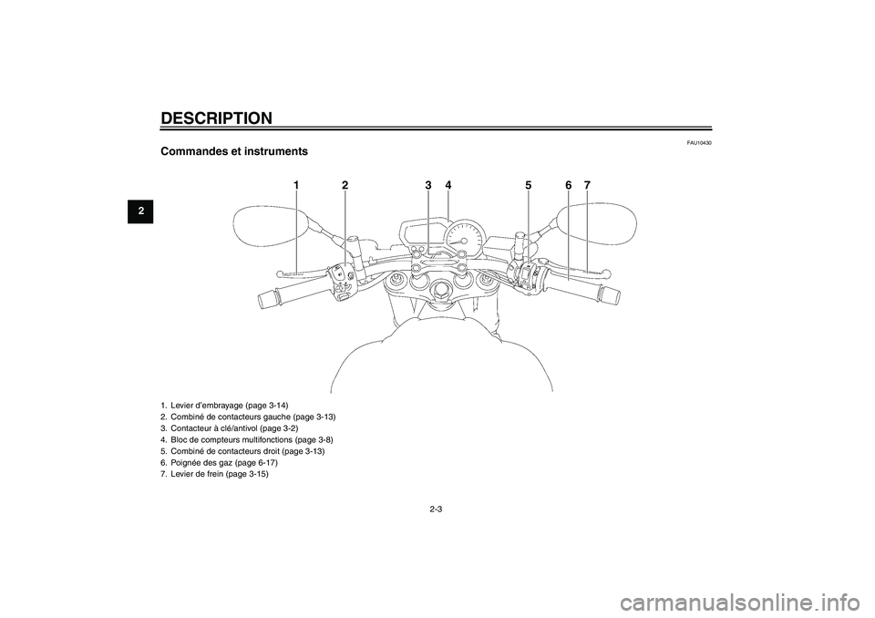 YAMAHA FZ1-N 2010  Notices Demploi (in French) DESCRIPTION
2-3
2
FAU10430
Commandes et instruments
1
2
3
4
5
6
7
1. Levier d’embrayage (page 3-14)
2. Combiné de contacteurs gauche (page 3-13)
3. Contacteur à clé/antivol (page 3-2)
4. Bloc de 