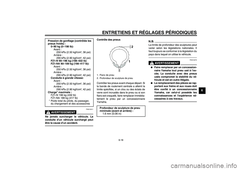 YAMAHA FZ1-N 2010  Notices Demploi (in French) ENTRETIENS ET RÉGLAGES PÉRIODIQUES
6-18
6
AVERTISSEMENT
FWA10511
Ne jamais surcharger le véhicule. La
conduite d’un véhicule surchargé peut
être la cause d’un accident.
Contrôle des pneus
C