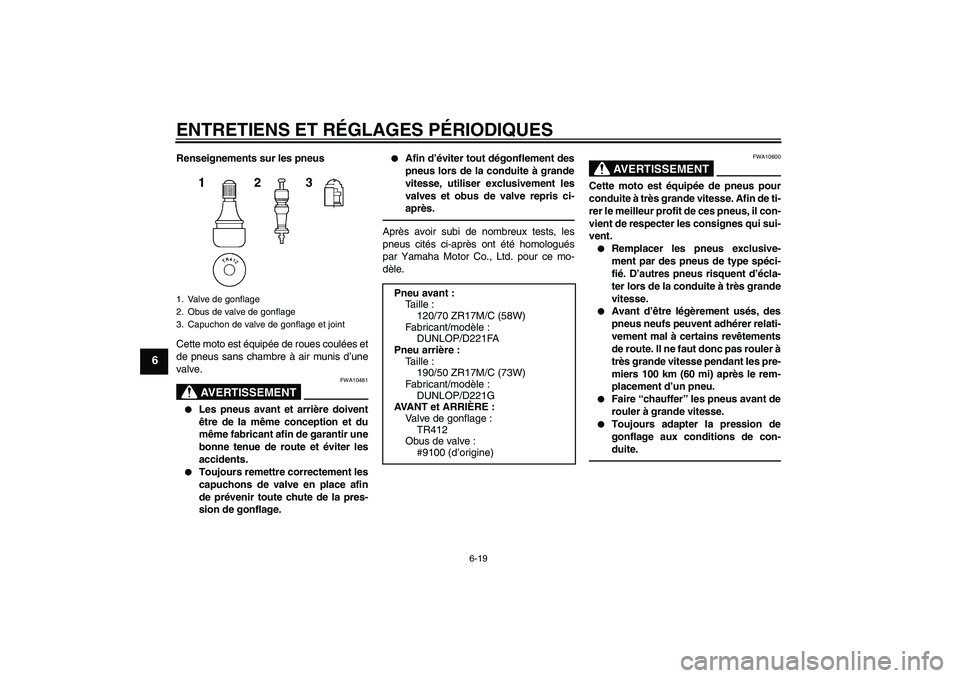 YAMAHA FZ1-N 2010  Notices Demploi (in French) ENTRETIENS ET RÉGLAGES PÉRIODIQUES
6-19
6
Renseignements sur les pneus
Cette moto est équipée de roues coulées et
de pneus sans chambre à air munis d’une
valve.
AVERTISSEMENT
FWA10481

Les pn