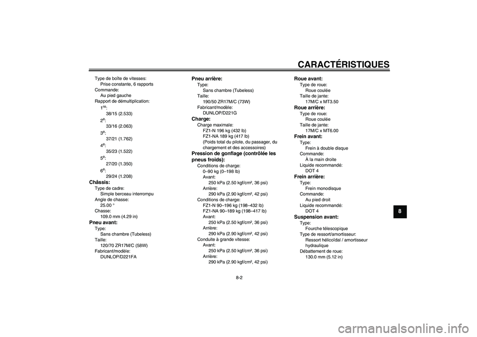 YAMAHA FZ1-N 2010  Notices Demploi (in French) CARACTÉRISTIQUES
8-2
8
Type de boîte de vitesses:
Prise constante, 6 rapports
Commande:
Au pied gauche
Rapport de démultiplication:
1
re:
38/15 (2.533)
2e:
33/16 (2.063)
3e:
37/21 (1.762)
4e:
35/23