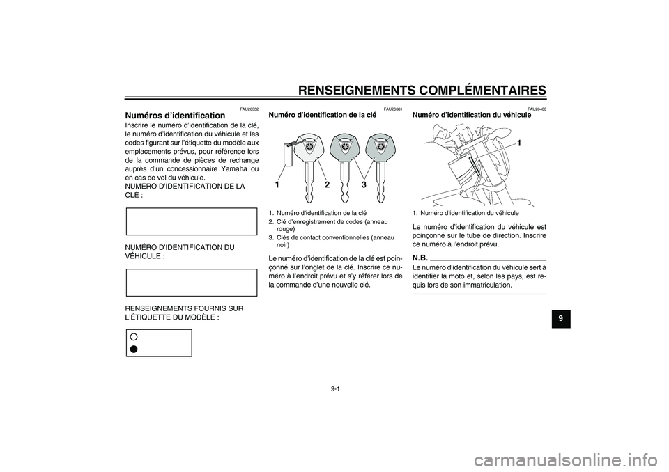 YAMAHA FZ1-N 2010  Notices Demploi (in French) RENSEIGNEMENTS COMPLÉMENTAIRES
9-1
9
FAU26352
Numéros d’identification Inscrire le numéro d’identification de la clé,
le numéro d’identification du véhicule et les
codes figurant sur l’