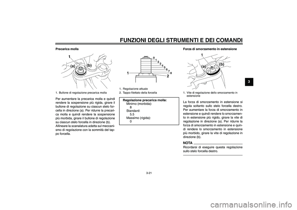 YAMAHA FZ1-N 2010  Manuale duso (in Italian) FUNZIONI DEGLI STRUMENTI E DEI COMANDI
3-21
3
Precarica molla
Per aumentare la precarica molla e quindi
rendere la sospensione più rigida, girare il
bullone di regolazione su ciascun stelo for-
cella