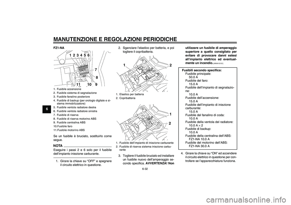 YAMAHA FZ1-N 2010  Manuale duso (in Italian) MANUTENZIONE E REGOLAZIONI PERIODICHE
6-32
6
FZ1-NA
Se un fusibile è bruciato, sostituirlo come
segue.NOTAEseguire i passi 2 e 6 solo per il fusibile
dell’impianto iniezione carburante.1. Girare la