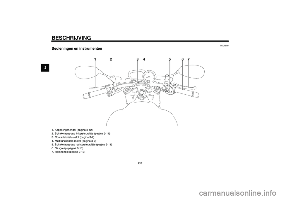 YAMAHA FZ1-N 2010 Instructieboekje (in Dutch) BESCHRIJVING
2-3
2
DAU10430
Bedieningen en instrumenten
1
2
3
4
5
6
7
1. Koppelingshendel (pagina 3-12)
2. Schakelaargroep linkerstuurzijde (pagina 3-11)
3. Contactslot/stuurslot (pagina 3-2)
4. Multi YAMAHA FZ1-N 2010 Instructieboekje (in Dutch) BESCHRIJVING
2-3
2
DAU10430
Bedieningen en instrumenten
1
2
3
4
5
6
7
1. Koppelingshendel (pagina 3-12)
2. Schakelaargroep linkerstuurzijde (pagina 3-11)
3. Contactslot/stuurslot (pagina 3-2)
4. Multi