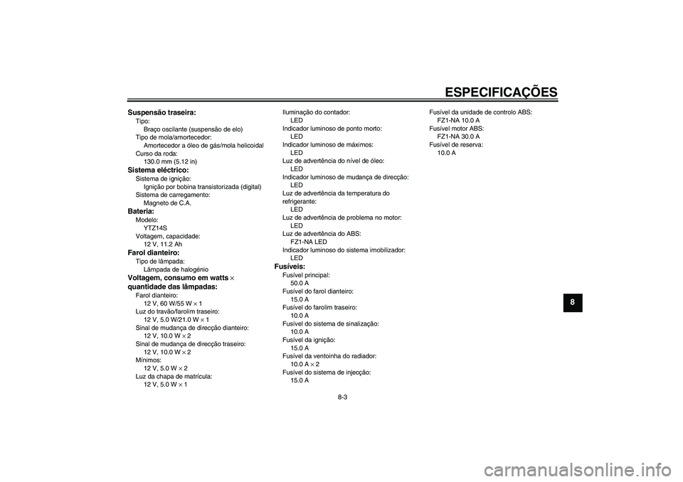 YAMAHA FZ1-N 2010  Manual de utilização (in Portuguese) ESPECIFICAÇÕES
8-3
8
Suspensão traseira:Tipo:
Braço oscilante (suspensão de elo)
Tipo de mola/amortecedor:
Amortecedor a óleo de gás/mola helicoidal
Curso da roda:
130.0 mm (5.12 in)Sistema el