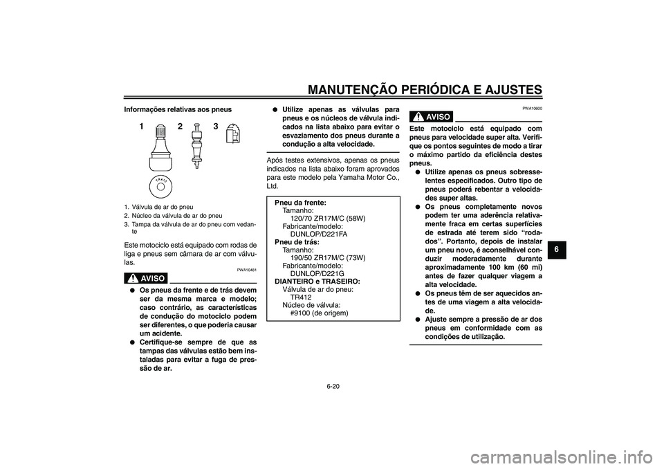 YAMAHA FZ1-N 2010  Manual de utilização (in Portuguese) MANUTENÇÃO PERIÓDICA E AJUSTES
6-20
6
Informações relativas aos pneus
Este motociclo está equipado com rodas de
liga e pneus sem câmara de ar com válvu-
las.
AV I S O
PWA10481

Os pneus da fr