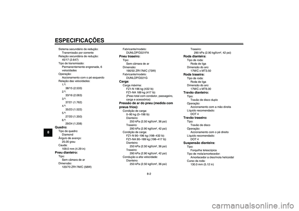YAMAHA FZ1-N 2010  Manual de utilização (in Portuguese) ESPECIFICAÇÕES
8-2
8
Sistema secundário de redução:
Transmissão por corrente
Relação secundária de redução:
45/17 (2.647)
Tipo de transmissão:
Permanentemente engrenada, 6 
velocidades
Ope