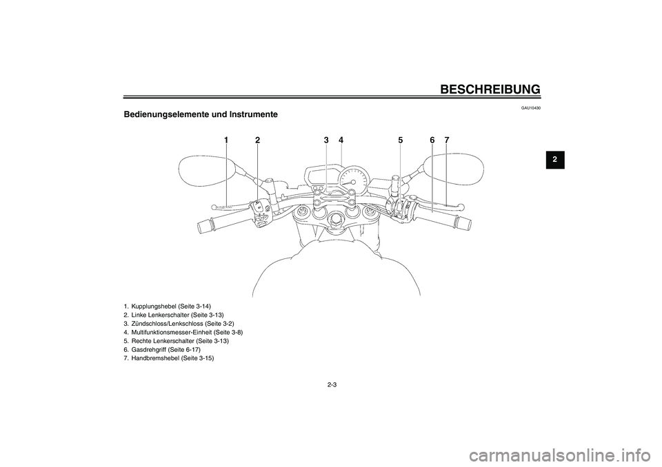 YAMAHA FZ1-N 2009  Betriebsanleitungen (in German) BESCHREIBUNG
2-3
2
GAU10430
Bedienungselemente und Instrumente1. Kupplungshebel (Seite 3-14)
2. Linke Lenkerschalter (Seite 3-13)
3. Zündschloss/Lenkschloss (Seite 3-2)
4. Multifunktionsmesser-Einhei