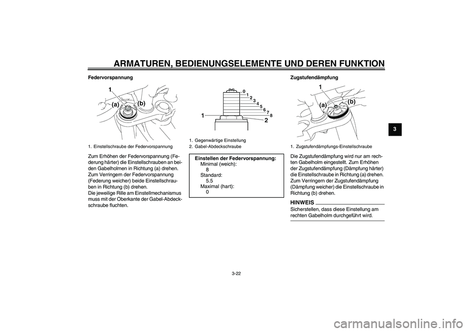 YAMAHA FZ1-N 2009  Betriebsanleitungen (in German) ARMATUREN, BEDIENUNGSELEMENTE UND DEREN FUNKTION
3-22
3
Federvorspannung
Zum Erhöhen der Federvorspannung (Fe-
derung härter) die Einstellschrauben an bei-
den Gabelholmen in Richtung (a) drehen. 
Z