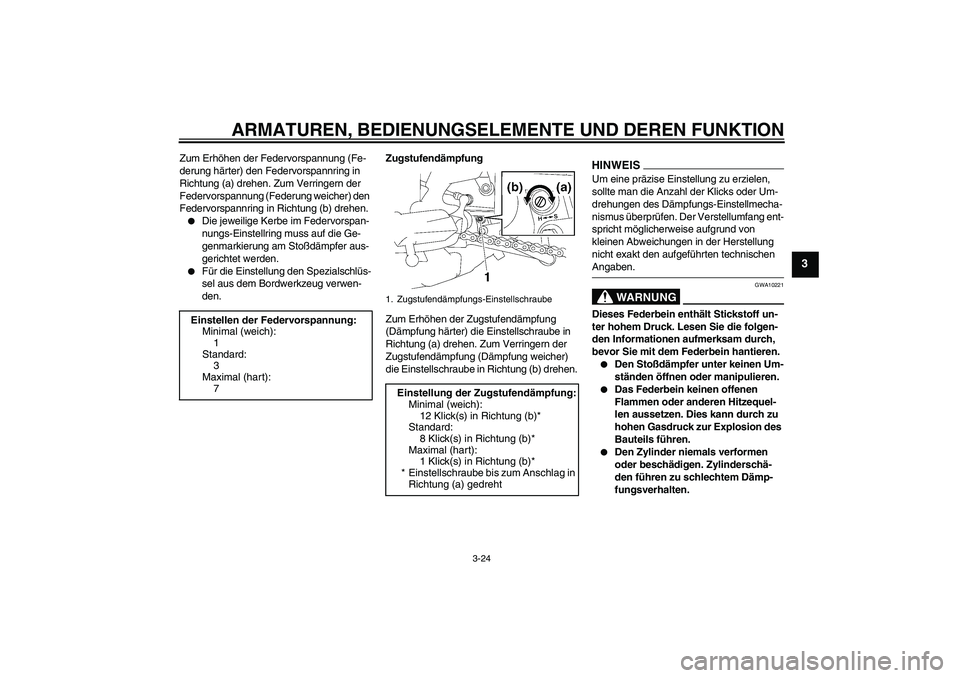 YAMAHA FZ1-N 2009  Betriebsanleitungen (in German) ARMATUREN, BEDIENUNGSELEMENTE UND DEREN FUNKTION
3-24
3
Zum Erhöhen der Federvorspannung (Fe-
derung härter) den Federvorspannring in 
Richtung (a) drehen. Zum Verringern der 
Federvorspannung (Fede
