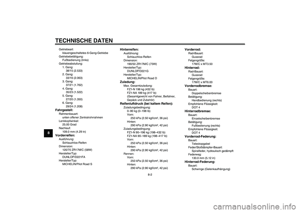 YAMAHA FZ1-N 2009  Betriebsanleitungen (in German) TECHNISCHE DATEN
8-2
8
Getriebeart:
klauengeschaltetes 6-Gang-Getriebe
Getriebebetätigung:
Fußbedienung (links)
Getriebeabstufung:
1. Gang:
38/15 (2.533)
2. Gang:
33/16 (2.063)
3. Gang:
37/21 (1.762