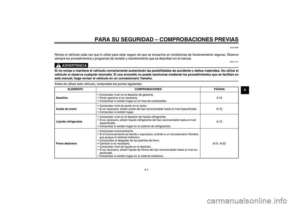 YAMAHA FZ1-N 2009  Manuale de Empleo (in Spanish) PARA SU SEGURIDAD – COMPROBACIONES PREVIAS
4-1
4
SAU15596
Revise el vehículo cada vez que lo utilice para estar seguro de que se encuentra en condiciones de funcionamiento seguras. Observe
siempre 