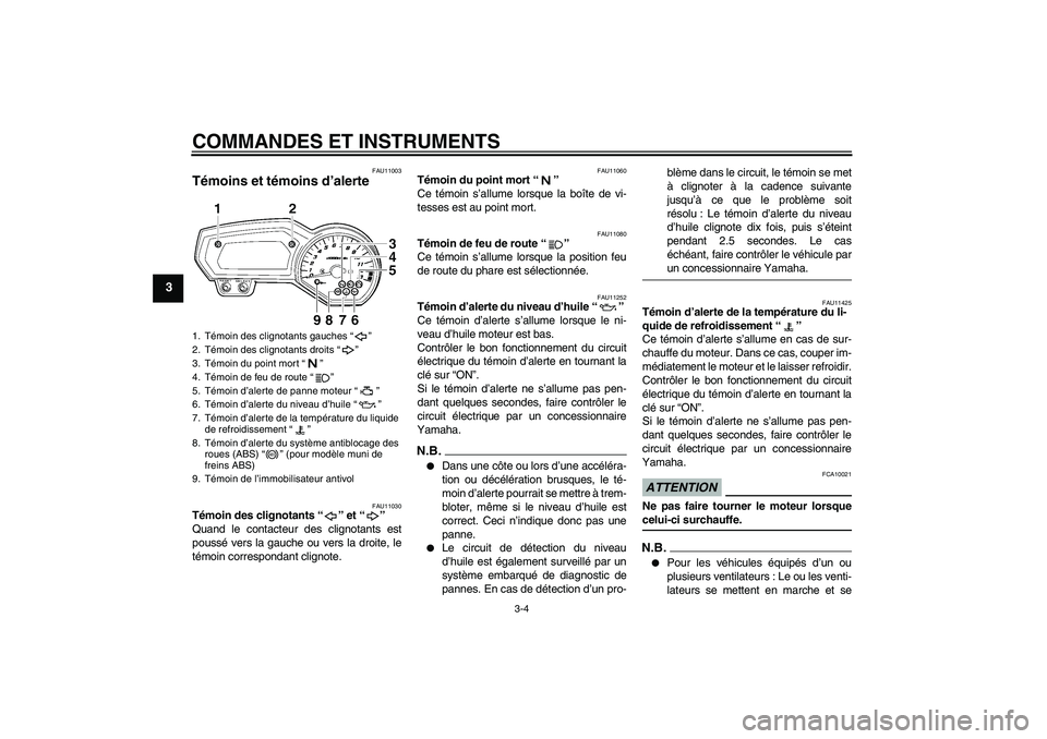 YAMAHA FZ1-N 2009  Notices Demploi (in French) COMMANDES ET INSTRUMENTS
3-4
3
FAU11003
Témoins et témoins d’alerte 
FAU11030
Témoin des clignotants“” et“” 
Quand le contacteur des clignotants est
poussé vers la gauche ou vers la droi