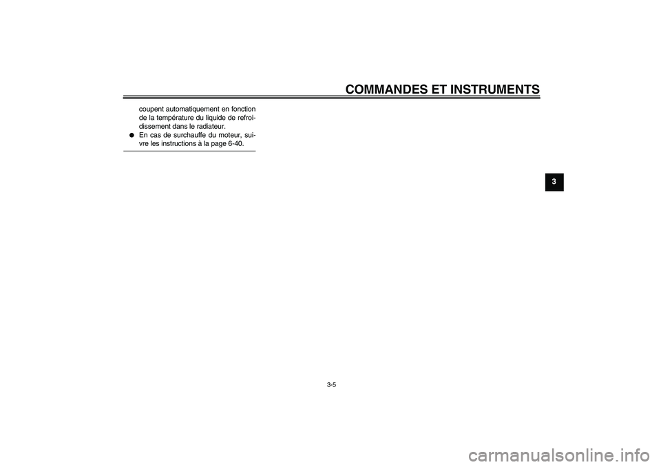 YAMAHA FZ1-N 2009  Notices Demploi (in French) COMMANDES ET INSTRUMENTS
3-5
3
coupent automatiquement en fonction
de la température du liquide de refroi-
dissement dans le radiateur.

En cas de surchauffe du moteur, sui-vre les instructions à l