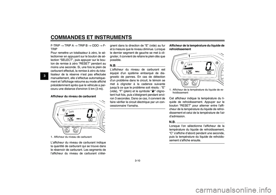 YAMAHA FZ1-N 2009 Notices Demploi (in French) COMMANDES ET INSTRUMENTS
3-10
3
F-TRIP → TRIP A → TRIP B → ODO → F-
TRIP
Pour remettre un totalisateur à zéro, le sé-
lectionner en appuyant sur le bouton de sé-
lection “SELECT”, puis YAMAHA FZ1-N 2009 Notices Demploi (in French) COMMANDES ET INSTRUMENTS
3-10
3
F-TRIP → TRIP A → TRIP B → ODO → F-
TRIP
Pour remettre un totalisateur à zéro, le sé-
lectionner en appuyant sur le bouton de sé-
lection “SELECT”, puis