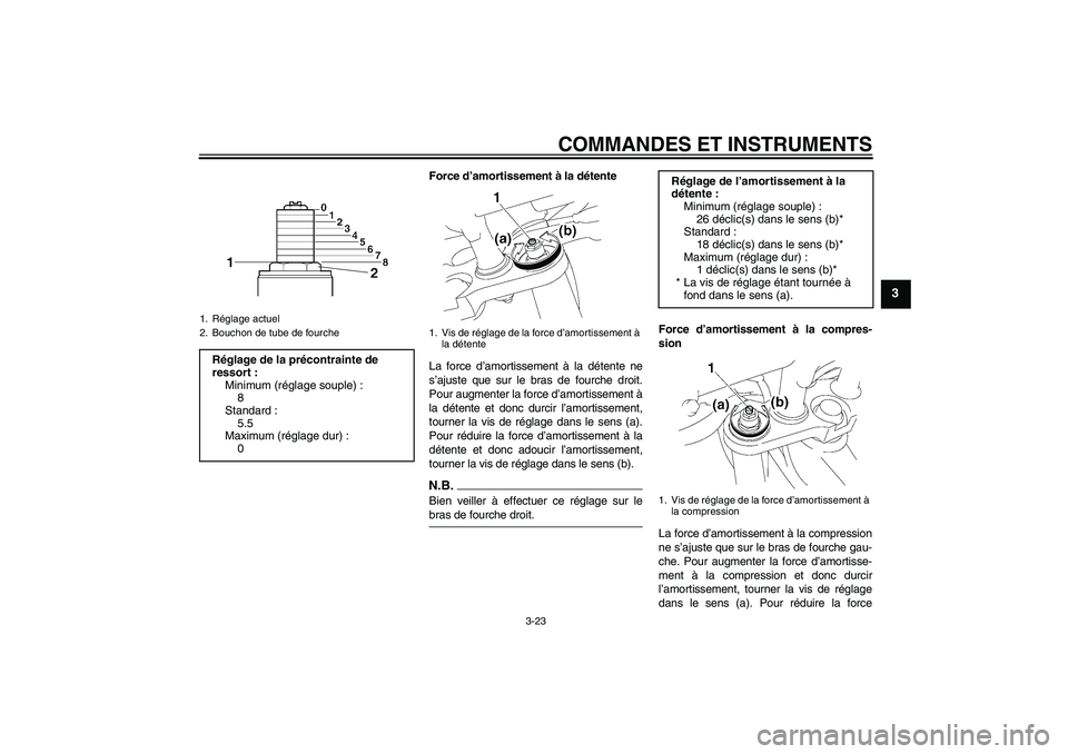 YAMAHA FZ1-N 2009  Notices Demploi (in French) COMMANDES ET INSTRUMENTS
3-23
3
Force d’amortissement à la détente
La force d’amortissement à la détente ne
s’ajuste que sur le bras de fourche droit.
Pour augmenter la force d’amortisseme