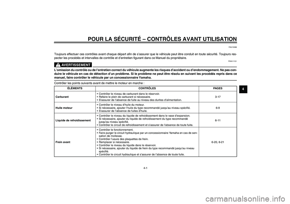 YAMAHA FZ1-N 2009 Notices Demploi (in French) POUR LA SÉCURITÉ – CONTRÔLES AVANT UTILISATION
4-1
4
FAU15596
Toujours effectuer ces contrôles avant chaque départ afin de s’assurer que le véhicule peut être conduit en toute sécurité. T YAMAHA FZ1-N 2009 Notices Demploi (in French) POUR LA SÉCURITÉ – CONTRÔLES AVANT UTILISATION
4-1
4
FAU15596
Toujours effectuer ces contrôles avant chaque départ afin de s’assurer que le véhicule peut être conduit en toute sécurité. T