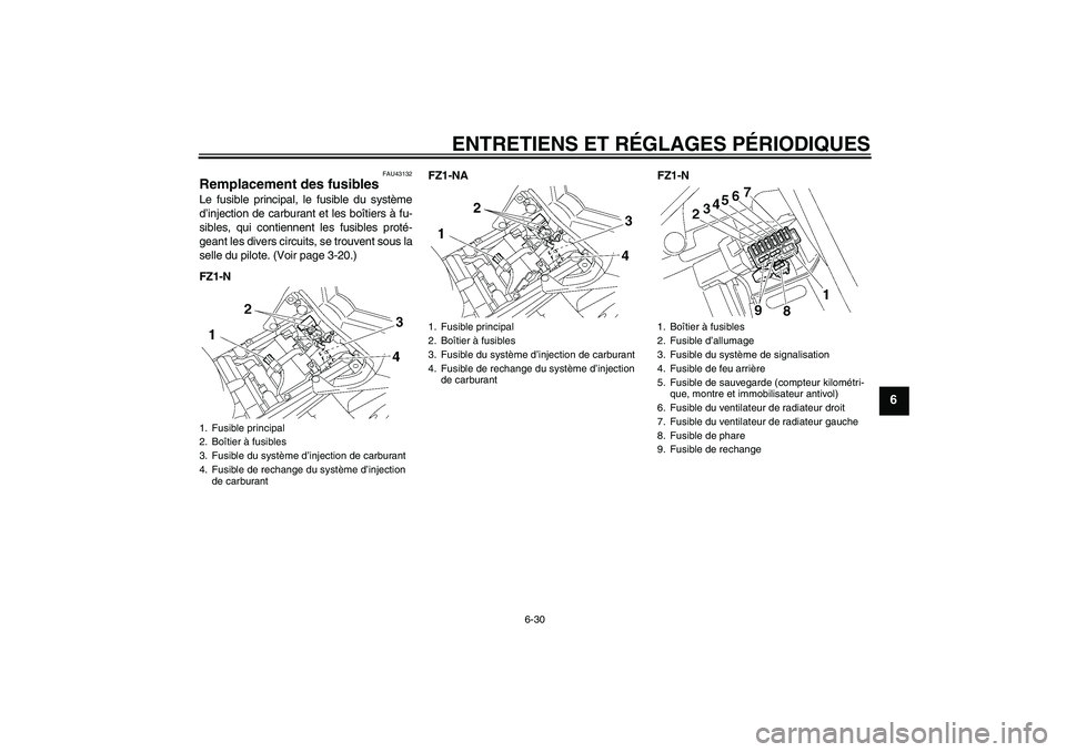 YAMAHA FZ1-N 2009  Notices Demploi (in French) ENTRETIENS ET RÉGLAGES PÉRIODIQUES
6-30
6
FAU43132
Remplacement des fusibles Le fusible principal, le fusible du système
d’injection de carburant et les boîtiers à fu-
sibles, qui contiennent l