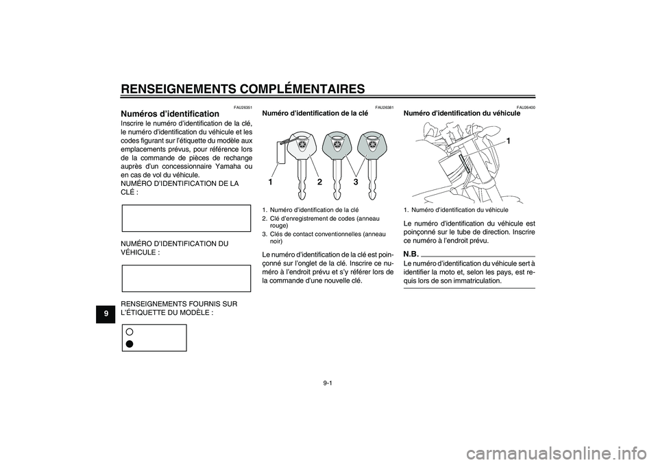 YAMAHA FZ1-N 2009  Notices Demploi (in French) RENSEIGNEMENTS COMPLÉMENTAIRES
9-1
9
FAU26351
Numéros d’identification Inscrire le numéro d’identification de la clé,
le numéro d’identification du véhicule et les
codes figurant sur l’