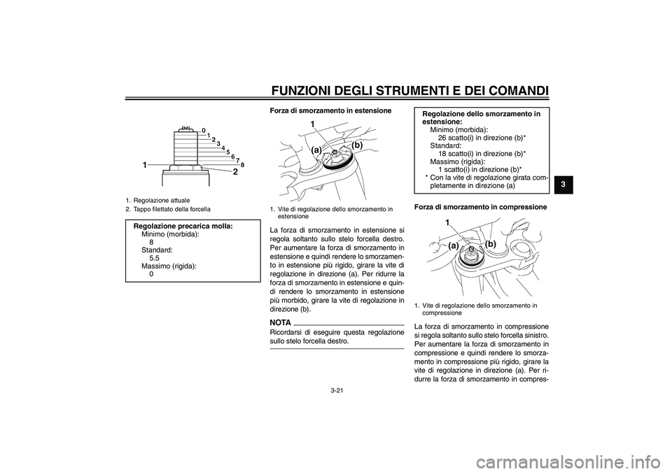 YAMAHA FZ1-N 2009  Manuale duso (in Italian) FUNZIONI DEGLI STRUMENTI E DEI COMANDI
3-21
3
Forza di smorzamento in estensione
La forza di smorzamento in estensione si
regola soltanto sullo stelo forcella destro.
Per aumentare la forza di smorzam