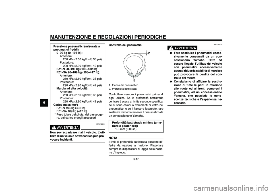 YAMAHA FZ1-N 2009  Manuale duso (in Italian) MANUTENZIONE E REGOLAZIONI PERIODICHE
6-17
6
AVVERTENZA
HWA10511
Non sovraccaricare mai il veicolo. L’uti-
lizzo di un veicolo sovraccarico può pro-vocare incidenti.Controllo dei pneumatici
Control