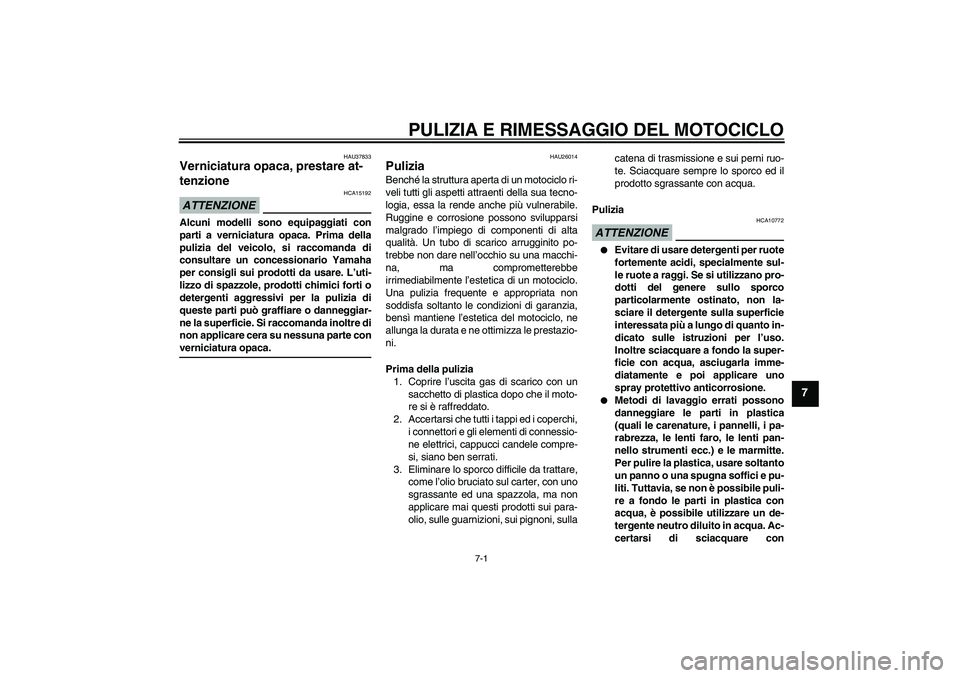YAMAHA FZ1-N 2009  Manuale duso (in Italian) PULIZIA E RIMESSAGGIO DEL MOTOCICLO
7-1
7
HAU37833
Verniciatura opaca, prestare at-
tenzione ATTENZIONE
HCA15192
Alcuni modelli sono equipaggiati con
parti a verniciatura opaca. Prima della
pulizia de