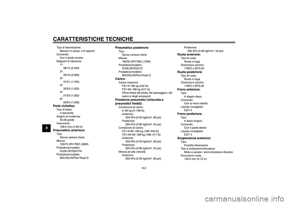 YAMAHA FZ1-N 2009 Manuale duso (in Italian) CARATTERISTICHE TECNICHE
8-2
8
Tipo di trasmissione:
Sempre in presa, a 6 rapporti
Comando:
Con il piede sinistro
Rapporti di riduzione:
1ª:
38/15 (2.533)
2ª:
33/16 (2.063)
3ª:
37/21 (1.762)
4ª:
3 YAMAHA FZ1-N 2009 Manuale duso (in Italian) CARATTERISTICHE TECNICHE
8-2
8
Tipo di trasmissione:
Sempre in presa, a 6 rapporti
Comando:
Con il piede sinistro
Rapporti di riduzione:
1ª:
38/15 (2.533)
2ª:
33/16 (2.063)
3ª:
37/21 (1.762)
4ª:
3