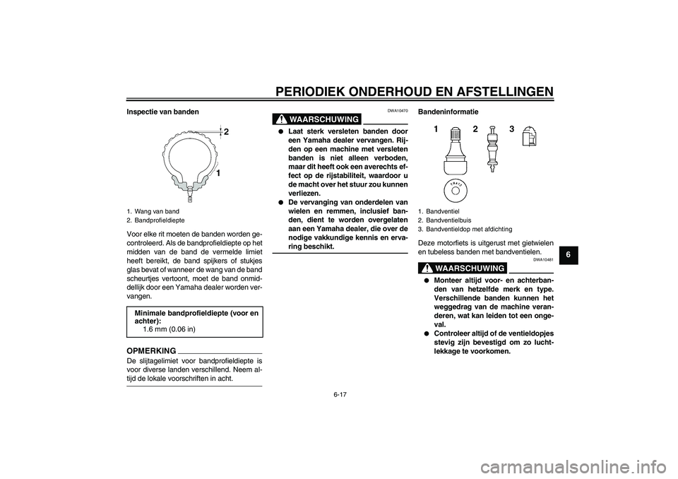 YAMAHA FZ1-N 2009  Instructieboekje (in Dutch) PERIODIEK ONDERHOUD EN AFSTELLINGEN
6-17
6
Inspectie van banden
Voor elke rit moeten de banden worden ge-
controleerd. Als de bandprofieldiepte op het
midden van de band de vermelde limiet
heeft berei