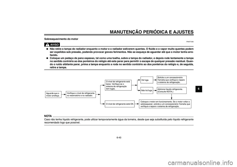 YAMAHA FZ1-N 2009  Manual de utilização (in Portuguese) MANUTENÇÃO PERIÓDICA E AJUSTES
6-43
6
Sobreaquecimento do motor
AV I S O
PWAT1040

Não retire a tampa do radiador enquanto o motor e o radiador estiverem quentes. O fluido e o vapor muito quentes