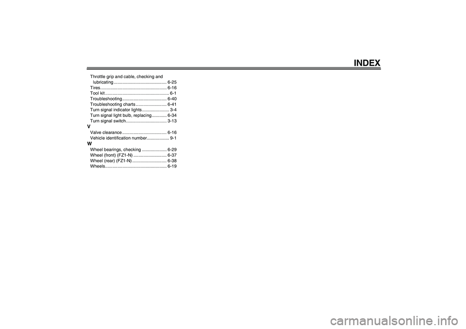 YAMAHA FZ1-N 2008  Owners Manual INDEX
Throttle grip and cable, checking and 
lubricating ........................................... 6-25
Tires...................................................... 6-16
Tool kit ....................