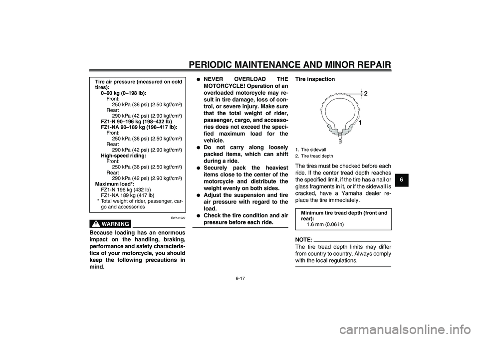 YAMAHA FZ1-N 2008 Repair Manual PERIODIC MAINTENANCE AND MINOR REPAIR
6-17
6
WARNING
EWA11020
Because loading has an enormous
impact on the handling, braking,
performance and safety characteris-
tics of your motorcycle, you should
k