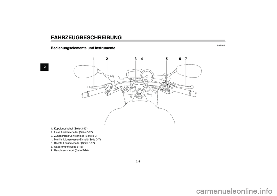 YAMAHA FZ1-N 2008  Betriebsanleitungen (in German) FAHRZEUGBESCHREIBUNG
2-3
2
GAU10430
Bedienungselemente und Instrumente1. Kupplungshebel (Seite 3-13)
2. Linke Lenkerschalter (Seite 3-12)
3. Zündschloss/Lenkschloss (Seite 3-2)
4. Multifunktionsmesse