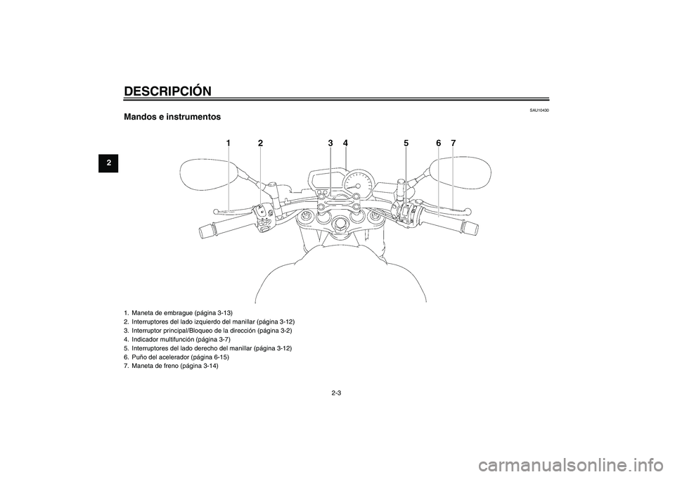 YAMAHA FZ1-N 2008 Manuale de Empleo (in Spanish) DESCRIPCIÓN
2-3
2
SAU10430
Mandos e instrumentos1. Maneta de embrague (página 3-13)
2. Interruptores del lado izquierdo del manillar (página 3-12)
3. Interruptor principal/Bloqueo de la dirección YAMAHA FZ1-N 2008 Manuale de Empleo (in Spanish) DESCRIPCIÓN
2-3
2
SAU10430
Mandos e instrumentos1. Maneta de embrague (página 3-13)
2. Interruptores del lado izquierdo del manillar (página 3-12)
3. Interruptor principal/Bloqueo de la dirección