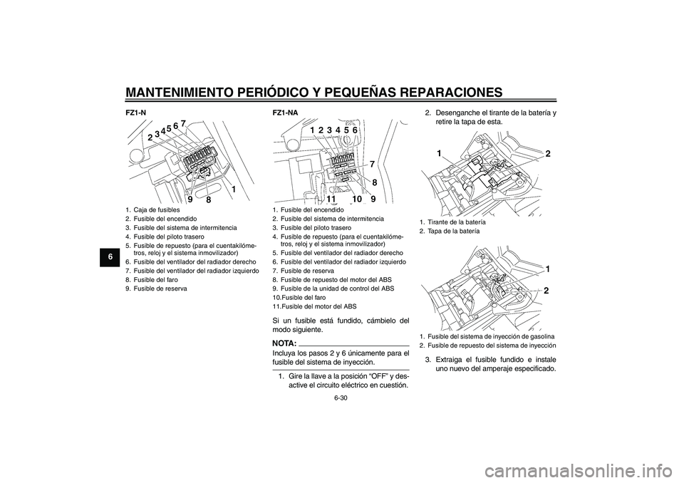 YAMAHA FZ1-N 2008 Manuale de Empleo (in Spanish) MANTENIMIENTO PERIÓDICO Y PEQUEÑAS REPARACIONES
6-30
6
FZ1-N FZ1-NA
Si un fusible está fundido, cámbielo del
modo siguiente.
NOTA:Incluya los pasos 2 y 6 únicamente para elfusible del sistema de YAMAHA FZ1-N 2008 Manuale de Empleo (in Spanish) MANTENIMIENTO PERIÓDICO Y PEQUEÑAS REPARACIONES
6-30
6
FZ1-N FZ1-NA
Si un fusible está fundido, cámbielo del
modo siguiente.
NOTA:Incluya los pasos 2 y 6 únicamente para elfusible del sistema de
