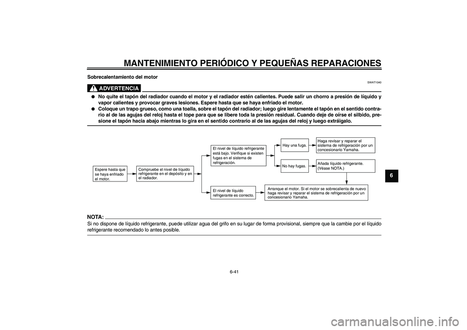 YAMAHA FZ1-N 2008  Manuale de Empleo (in Spanish) MANTENIMIENTO PERIÓDICO Y PEQUEÑAS REPARACIONES
6-41
6
Sobrecalentamiento del motor
ADVERTENCIA
SWAT1040

No quite el tapón del radiador cuando el motor y el radiador estén calientes. Puede salir