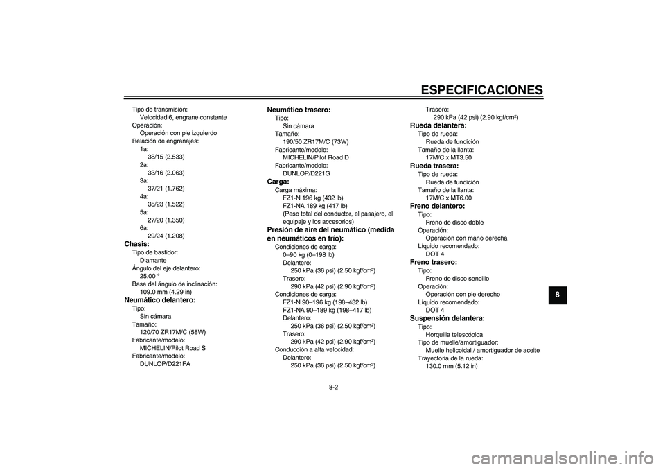YAMAHA FZ1-N 2008 Manuale de Empleo (in Spanish) ESPECIFICACIONES
8-2
8
Tipo de transmisión:
Velocidad 6, engrane constante
Operación:
Operación con pie izquierdo
Relación de engranajes:
1a:
38/15 (2.533)
2a:
33/16 (2.063)
3a:
37/21 (1.762)
4a:
YAMAHA FZ1-N 2008 Manuale de Empleo (in Spanish) ESPECIFICACIONES
8-2
8
Tipo de transmisión:
Velocidad 6, engrane constante
Operación:
Operación con pie izquierdo
Relación de engranajes:
1a:
38/15 (2.533)
2a:
33/16 (2.063)
3a:
37/21 (1.762)
4a: