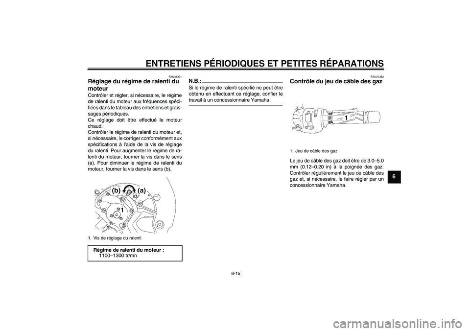 YAMAHA FZ1-N 2008  Notices Demploi (in French) ENTRETIENS PÉRIODIQUES ET PETITES RÉPARATIONS
6-15
6
FAU34301
Réglage du régime de ralenti du 
moteur Contrôler et régler, si nécessaire, le régime
de ralenti du moteur aux fréquences spéci-