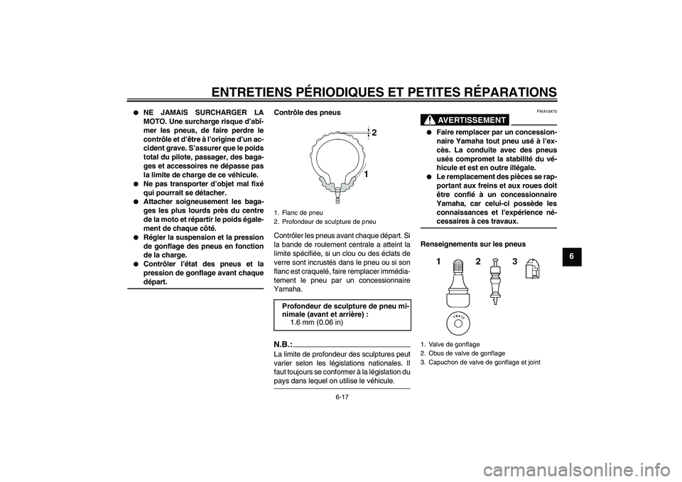 YAMAHA FZ1-N 2008  Notices Demploi (in French) ENTRETIENS PÉRIODIQUES ET PETITES RÉPARATIONS
6-17
6

NE JAMAIS SURCHARGER LA
MOTO. Une surcharge risque d’abî-
mer les pneus, de faire perdre le
contrôle et d’être à l’origine d’un ac-