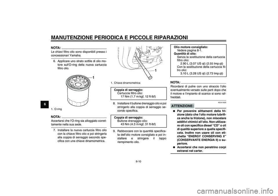 YAMAHA FZ1-N 2008  Manuale duso (in Italian) MANUTENZIONE PERIODICA E PICCOLE RIPARAZIONI
6-10
6
NOTA:Le chiavi filtro olio sono disponibili presso iconcessionari Yamaha.
6. Applicare uno strato sottile di olio mo-
tore sull’O-ring della nuova