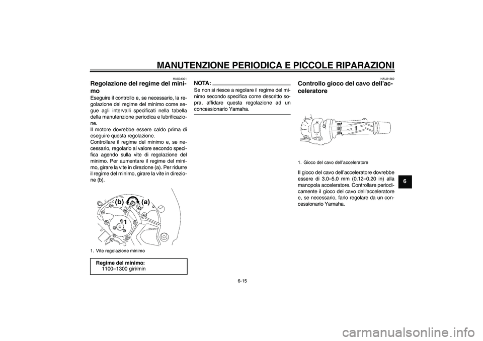 YAMAHA FZ1-N 2008  Manuale duso (in Italian) MANUTENZIONE PERIODICA E PICCOLE RIPARAZIONI
6-15
6
HAU34301
Regolazione del regime del mini-
mo Eseguire il controllo e, se necessario, la re-
golazione del regime del minimo come se-
gue agli interv