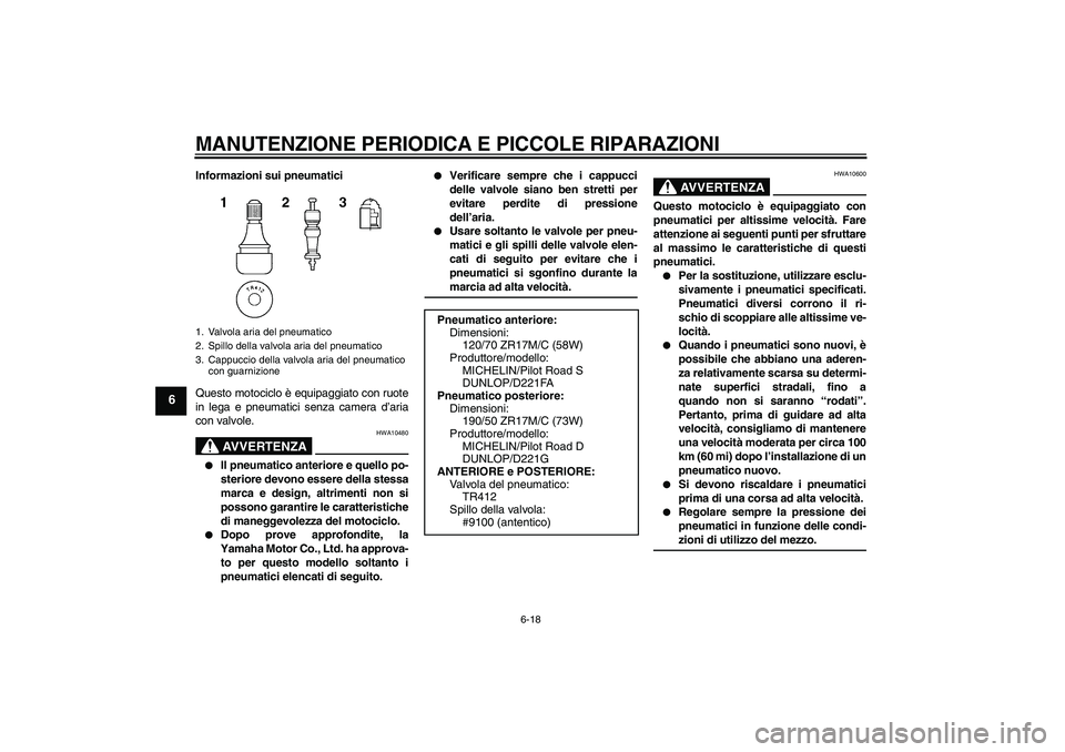 YAMAHA FZ1-N 2008  Manuale duso (in Italian) MANUTENZIONE PERIODICA E PICCOLE RIPARAZIONI
6-18
6
Informazioni sui pneumatici
Questo motociclo è equipaggiato con ruote
in lega e pneumatici senza camera d’aria
con valvole.
AVVERTENZA
HWA10480
