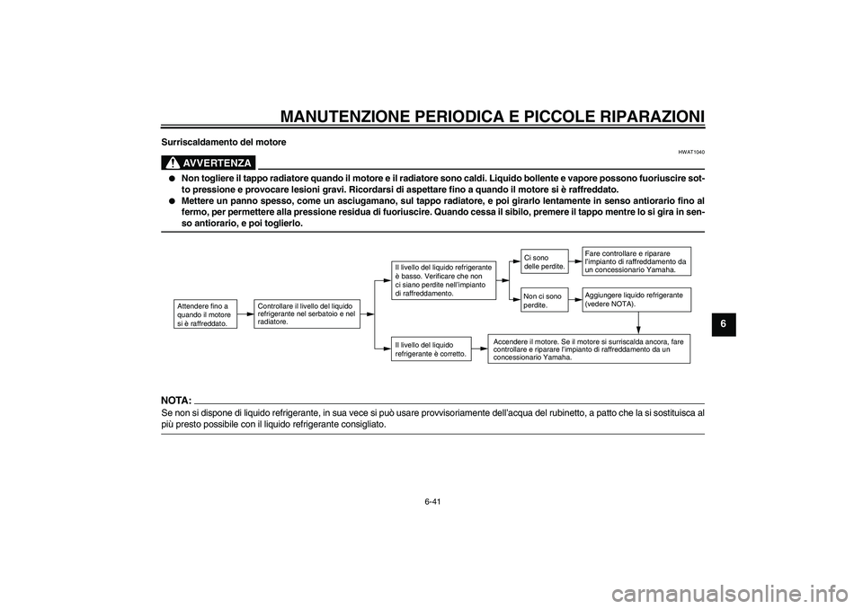 YAMAHA FZ1-N 2008  Manuale duso (in Italian) MANUTENZIONE PERIODICA E PICCOLE RIPARAZIONI
6-41
6
Surriscaldamento del motore
AVVERTENZA
HWAT1040

Non togliere il tappo radiatore quando il motore e il radiatore sono caldi. Liquido bollente e vap