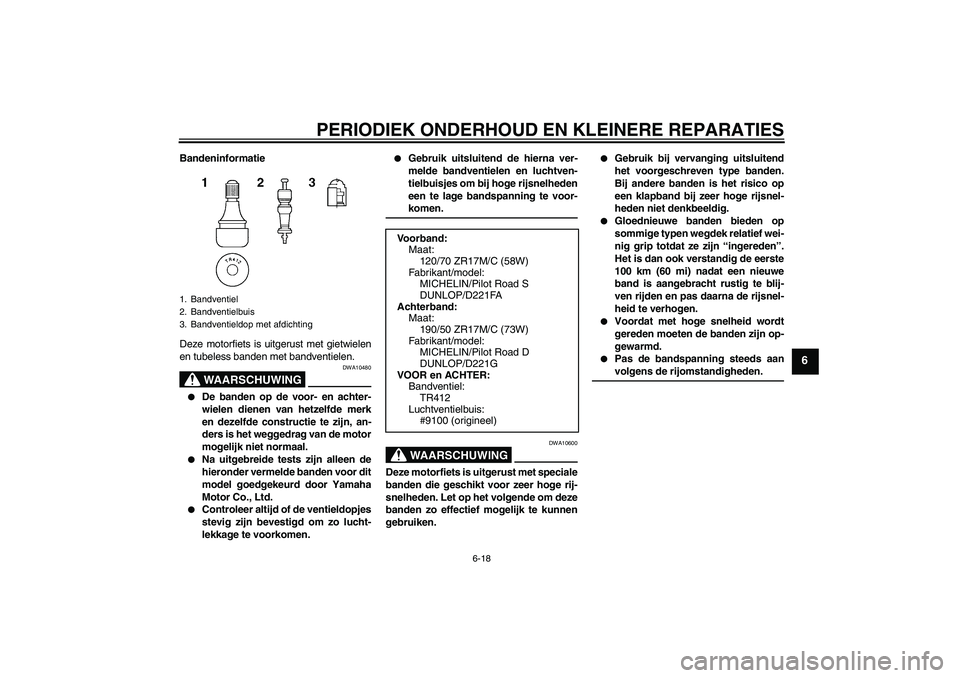 YAMAHA FZ1-N 2008  Instructieboekje (in Dutch) PERIODIEK ONDERHOUD EN KLEINERE REPARATIES
6-18
6
Bandeninformatie
Deze motorfiets is uitgerust met gietwielen
en tubeless banden met bandventielen.
WAARSCHUWING
DWA10480

De banden op de voor- en ac