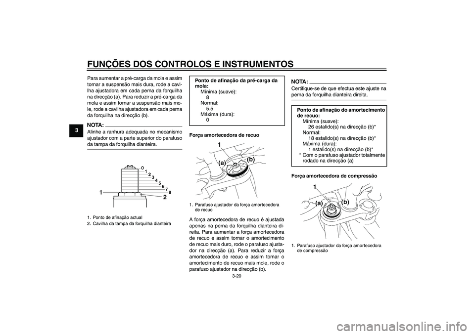 YAMAHA FZ1-N 2008  Manual de utilização (in Portuguese) FUNÇÕES DOS CONTROLOS E INSTRUMENTOS
3-20
3
Para aumentar a pré-carga da mola e assim
tornar a suspensão mais dura, rode a cavi-
lha ajustadora em cada perna da forquilha
na direcção (a). Para r